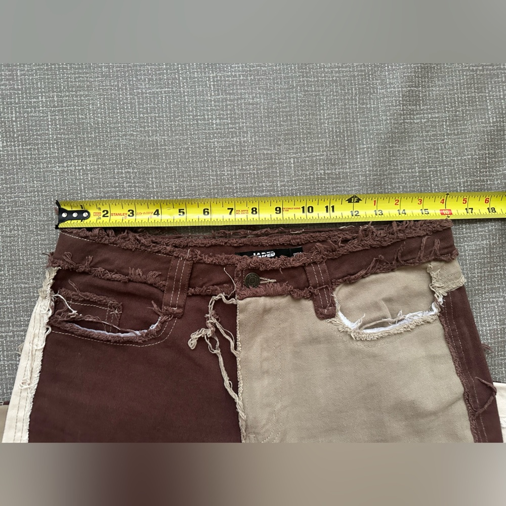 Patchwork Boyfriend Pants Brown Tan Cream Distressed Raw Edge Y2K Grunge Sz W 30 - Picture 13 of 16